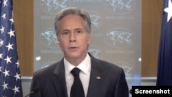 2023年3月20日,美国国务卿布林肯在国务院记者会上就国务院发表的2022 年各国人权报告发表讲话并回答记者的提问。(记者会视频截屏)