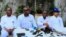 Bakambi ba mangomba maike ma opposition, (G-D) Martin Fayulu, Delly Sesanga, Augustin Matata Ponyo na Moïse Katumbi na bokutani na panza nsango na Kinshasa, RDC, 16 sanza ya motoba 2023. (Facebook/Wangu info)