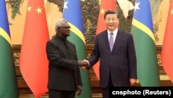 资料照:中国领导人习近平在北京人大会堂会见到访的所罗门群岛总理索加瓦雷。(2023年7月10日)