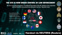 资料照片:2024年2月19日的截屏显示,一个由全球情报机构结成的团体发布通知,宣告取缔一个被称为Lockbit的暗网网站。