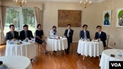 “台美国会议员联谊会”代表团在华盛顿双橡园举行记者会。(2023年7月14日,美国之音锺辰芳拍摄)