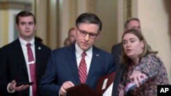 众议院议长约翰逊在众议院向前推进950亿美元的国家安全援助方案后,在国会大厦停下脚步与记者交谈。(2024年4月19日)