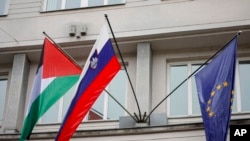 2024年5月30日,在斯洛文尼亚首都卢布尔雅那,一面巴勒斯坦旗帜飘扬在斯洛文尼亚国旗(中)和欧盟旗帜(右)旁边。(美联社照片)