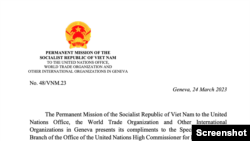 Trang đầu bức thư của Phái đoàn Thường trực nước CHXHCN Việt Nam tại Geneva trả lời Bộ phận Thủ tục Đặc biệt của Văn phòng Cao ủy Nhân quyền Liên Hợp Quốc .