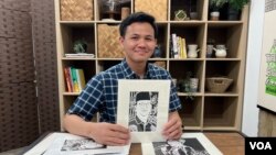 Maulana Abdul Azis, diaspora asal Purwakarta pendiri Cutterme, seni potong kertas menyerupai potret stensil di Maryland, AS (dok: VOA)