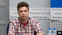 FILE - Belarusian dissident journalist Raman Pratasevich attends a news conference at the National Press Center of Ministry of Foreign Affairs in Minsk, Belarus, June 14, 2021.