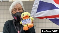 香港社运人士王婆婆2月14日继续到西九龙裁判法院外示威,声援民主派初选47人案各被告 (美国之音记者/汤惠芸)