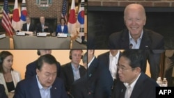 美国总统拜登、韩国总统尹锡悦和日本首相岸田文雄在拜登总统主持的、8月18日结束的三国戴维营峰会上。(法新社AFP照片)