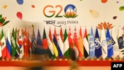 印度新德里G20峰会的会场排列着与会国的国旗。(2023年9月7日)