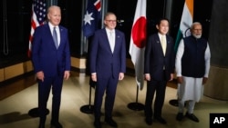 美国总统拜登、澳大利亚总理阿尔巴尼斯、日本首相岸田文雄和印度总理莫迪在日本广岛举行四方安全对话领导人峰会。(2023年5月20日)