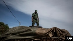 资料照片:2017年2月13日,在莫桑比克德尔加杜角省奔巴岛,莫桑比克林业警察的一名成员站在涉嫌运载非法木材的卡车顶部。(法新社照片)