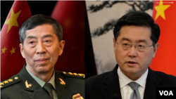 中国官媒报道,中国国防部长李尚福(左)被免除职务,前外交部长秦刚(右)的国务委员职务也被免除。(2023年10月24日)