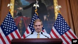 共和党籍联邦众议员吉姆·乔丹2023年10月20日在记者会上。(美联社照片)