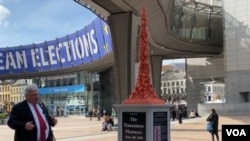 欧洲议会德国籍议员莱因哈德·比蒂科费尔(Reinhard Bütikofer)站在“国殇之柱”前。(美国之音 李伯安)