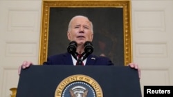 拜登总统签署对外援助法案后在白宫发表讲话。(2024年4月24日)