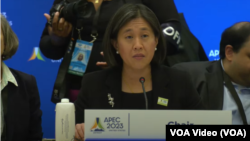 视频截图:美国贸易代表戴琪大使在底特律召开的2023年亚太经合组织部长会议上致辞。(2023年5月25日)