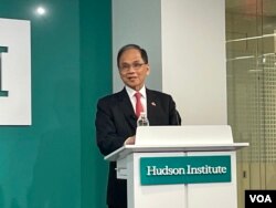台湾立法院院长游锡堃在华盛顿智库哈德逊研究所发表演讲。(2023年5月16日,美国之音锺辰芳拍摄)