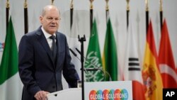 德国总理朔尔茨在柏林全球解决方案峰会上发表演讲。(2024年5月7日)