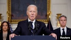 2023年10月10日,美国总统拜登在白宫就以色列遭受恐怖袭击发表讲话。