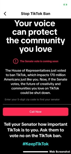 TikTok在其应用软件上鼓励用户给议员打电话。图片来源:TikTok应用截屏。
