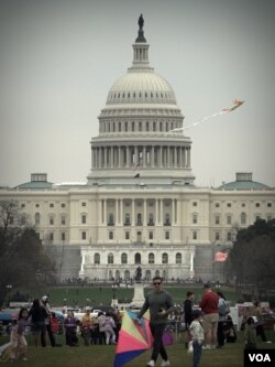 3月30日, 风和日丽,国会大草坪上也聚集了大批放风筝的群众 (美国之音/莫干生)