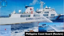 资料照片:菲律宾海警队2023年8月6日公布中国海警船对菲方补给船发射水炮的照片。