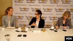 台湾驻美代表萧美琴2023年5月30日在华盛顿与媒体交流(美国之音记者王平拍摄)