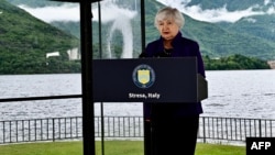 美国财政部长耶伦在意大利斯特雷萨出席G7财长会议期间发表讲话。(2024年5月23日)