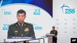 Chinese Defense Minister Gen. Li Shangfu delivers his speech on the last day of the 20th International Institute for Strategic Studies Shangri-La Dialogue, Asia's annual defense and security forum, in Singapore, June 4, 2023.
