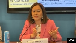 台湾国际智库亚太韧性与创新中心创办人及董事长林夏如参加乔治华盛顿大学座谈会。(2023年11月15日,美国之音锺辰芳拍摄)