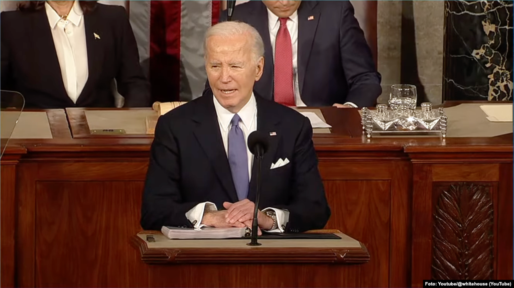 သမ္မတ Joe Biden အမေရိကန်လွှတ်တော်မှာ နိုင်ငံတော်အခြေပြမိန့်ခွန်းပြောကြားစဥ်။ (မတ်လ ၇၊ ၂၀၂၄)  