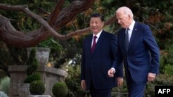 美国总统拜登与中国领导人习近平在加州费罗丽庄园举行双边会谈后在园中散步。(2023年11月15日)