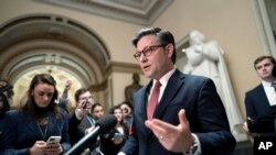 资料照片:美国众院议长约翰逊在国会对记者讲话。(2024年1月12日)