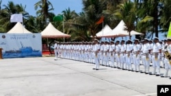 Binh sĩ Hải quân Ấn Độ tại buổi lễ khai trương căn cứ hải quân INS Jatayu trên đảo Minicoy, đảo cực nam của quần đảo Lakshadweep, Ấn Độ, ngày 6/3/2024.