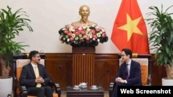 Thứ trưởng Bộ Ngoại giao Đỗ Hùng Việt (phải) tiếp Báo cáo viên đặc biệt của Liên hợp quốc về quyền phát triển, ông Surya Deva. Photo Baotintuc.vn