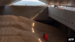 资料照片:船员在伊斯坦布尔的一艘来自乌克兰的谷物运输船上分析谷物。(2022年10月11日)