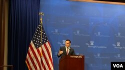 共和党联邦众议员加拉格尔(Rep. Mike Gallagher, R-WI)2022年10月18日在传统基金会发表演说,担忧中共二十大后习近平将对台湾采取更强硬行动。(美国之音记者李逸华拍摄)