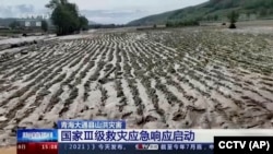 中国官媒CCTV的电视画面显示,青海省大通县的农作物被洪水过后的淤泥覆盖。(2022年8月18日)