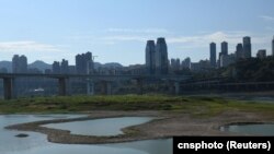 流经重庆市的长江因干旱而河床裸露。(2022年8月17日)