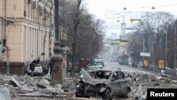 A view shows the area near the regional administration building, which city officials said was hit by a missile attack, in central Kharkiv, Ukraine, March 1, 2022.