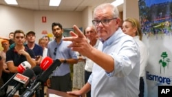 2022年3月9日,澳大利亚总理莫里森(Scott Morrison)在利斯莫尔召开的一次记者会上回答记者问。