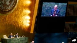 2022年3月23日,俄罗斯常驻联合国代表瓦西里·涅边贾在联合国总部的联合国大会上发言。(美联社)