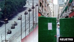 1989年天安门广场上的坦克(图左)2022年上海防疫人员站在封锁门后(图右)(图片来源:路透社)