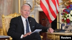 美国总统拜登在东京举行的美日首脑高锋会谈上讲话。(2022年5月23日)