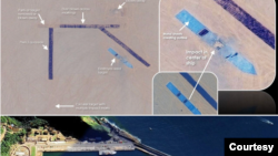 前台湾海军新江军舰舰长吕礼诗将解放军于新疆沙漠新建的模拟码头比对台湾的苏澳港海军基地后,发现两者高度相似。(图片提供:吕礼诗,分别取自USNI与Google)