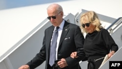 US President Joe Biden and First Lady Jill Biden step off Air Force One upon arrival at Kelly Field in San Antonio, Texas on May 29, 2022.