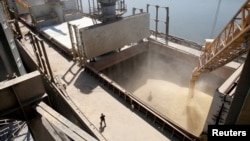 资料照:乌克兰南部尼古拉耶夫市的一名工人在装运码头上看着大麦粒被倾倒入船。 (2013年7月9日)