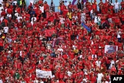 摩洛哥球迷在卡塔尔多哈一个体育场观看摩洛哥足球队对阵克罗地亚队的比赛。(2022年11月23日)