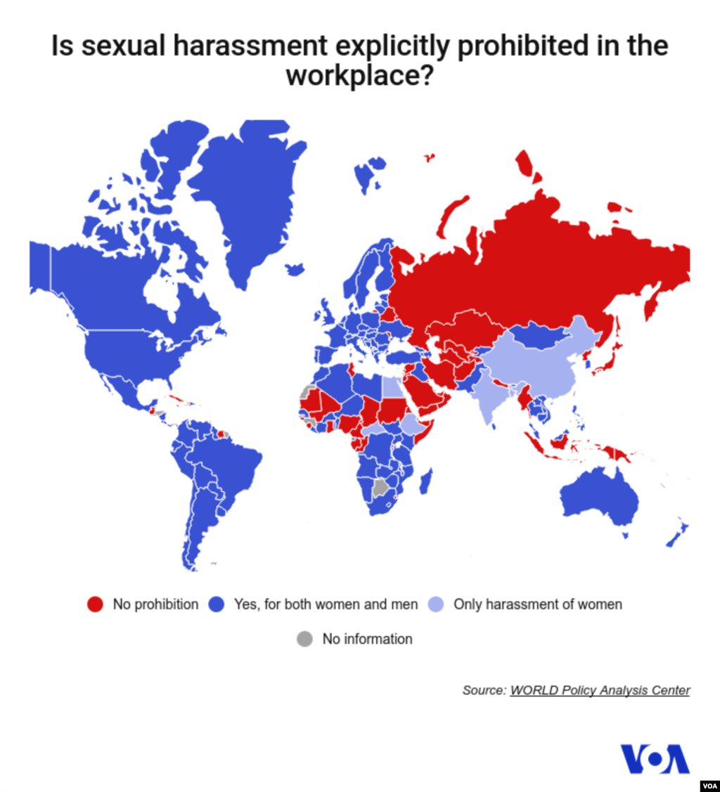 根据智库“世界政策分析中心”的资料所做的这幅世界地图上,浅蓝色的部分为禁止性骚扰女性的国家,包括中国和印度;深蓝色部分为禁止性骚扰女性和男性的国家,包括美国和欧美、大洋洲大片地区和蒙古;红色部分为不禁止性骚扰的国家,包括俄罗斯,以及东欧、中亚、西亚、中东的部分国家。