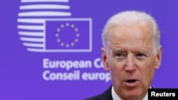 时任美国副总统拜登访问位于布鲁塞尔的欧盟理事会总部(2015年2月6日)。